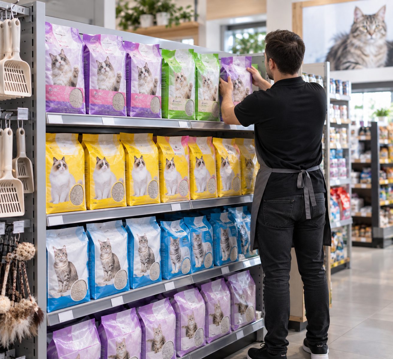 Góndola de pet shop con arena para gatos Grupo Meridian